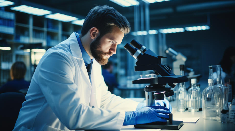 A research scientist looking through a microscope in a lab, symbolizing the biopharmaceutical company's innovative approach to medical treatments.