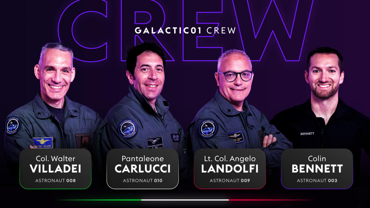  Portrait images of the crew of Virgin Galactic's first commercial spaceflight mission, Galactic 01; from left to right, Col. Walter Villadei, Pantaleone Carlucci, Lt. Col. Angelo Landolfi, and Colin Bennet 