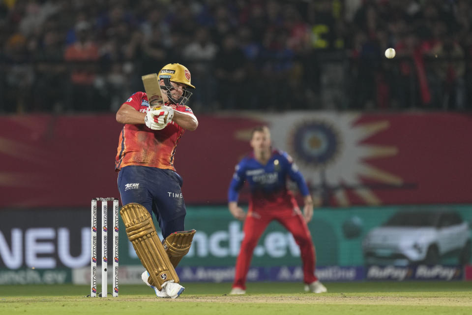 Punjab Kings' Rilee Rossouw bats during the Indian Premier League cricket match between Punjab Kings and Royal Challengers Bengaluru in Dharamshala, India, Thursday, May 9, 2024. (AP Photo /Ashwini Bhatia)