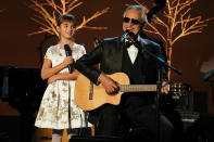 <p>Andrea Bocelli and daughter Virginia perform together at Prostate Cancer Research Foundation's 25th New York Dinner at The Plaza hotel on Nov. 29.</p>
