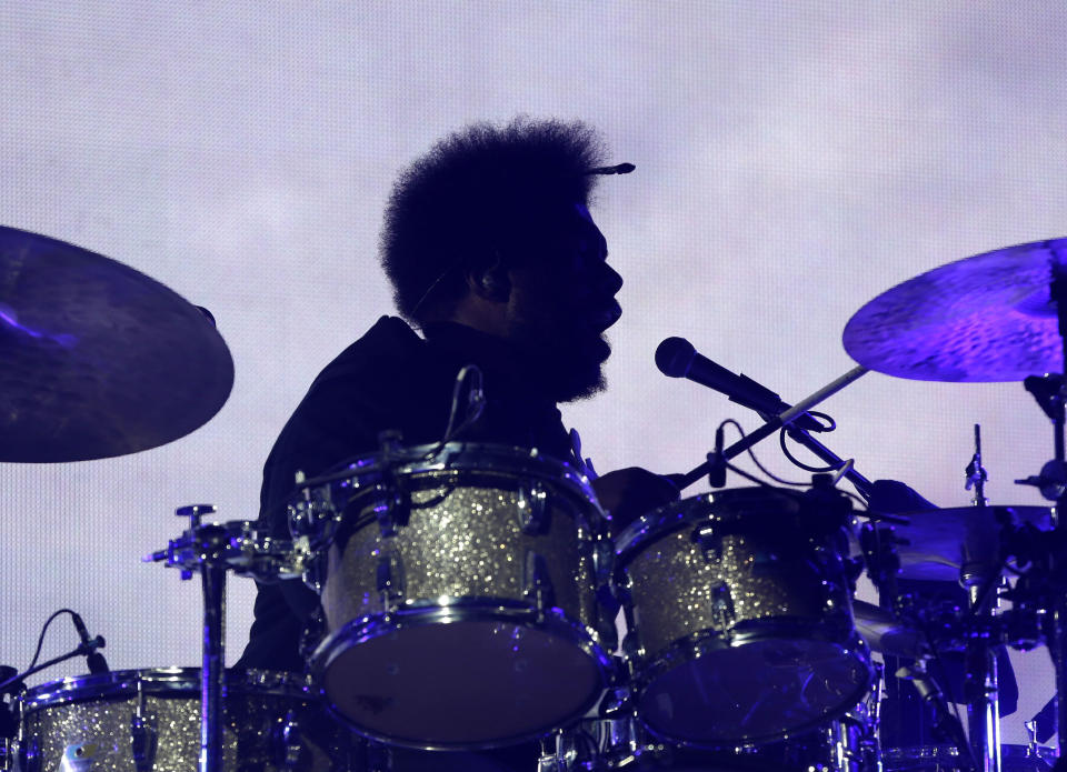 This Jan. 30, 2014 photo shows Questlove performing with the The Roots at a concert next to the Bud Light Hotel in New York. The temporarily renamed hotel moored on the Hudson River, is Norwegian Cruise Line's new ship Norwegian Getaway, and is acting as a floating hotel for fans and a site for hosting Super Bowl-related events. Bud Light Hotel is also taking over the Intrepid Sea, Air & Space Museum, including the deck of the retired military ship, which is permanently docked in the pier adjacent to Pier 88, the dock for Getaway. Concerts and other events will be held onboard for guests connected to Bud Light's retailers, partners and VIPs. (AP Photo)