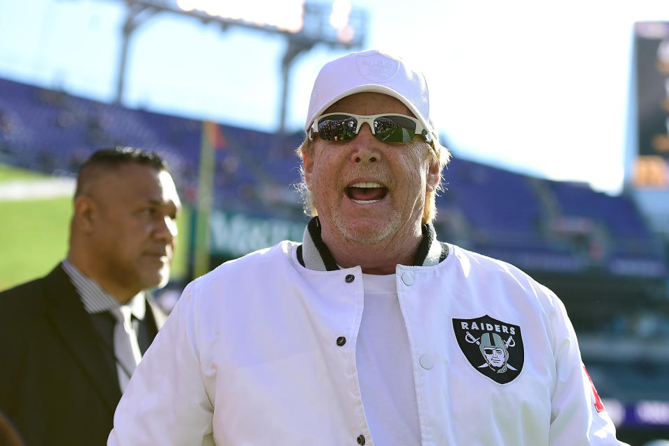 Nov 25, 2018; Baltimore, MD, USA; Oakland Raiders owner Mark Davis walks across the field before the game against the Baltimore Ravens at M&T Bank Stadium. Mandatory Credit: Tommy Gilligan-USA TODAY Sports