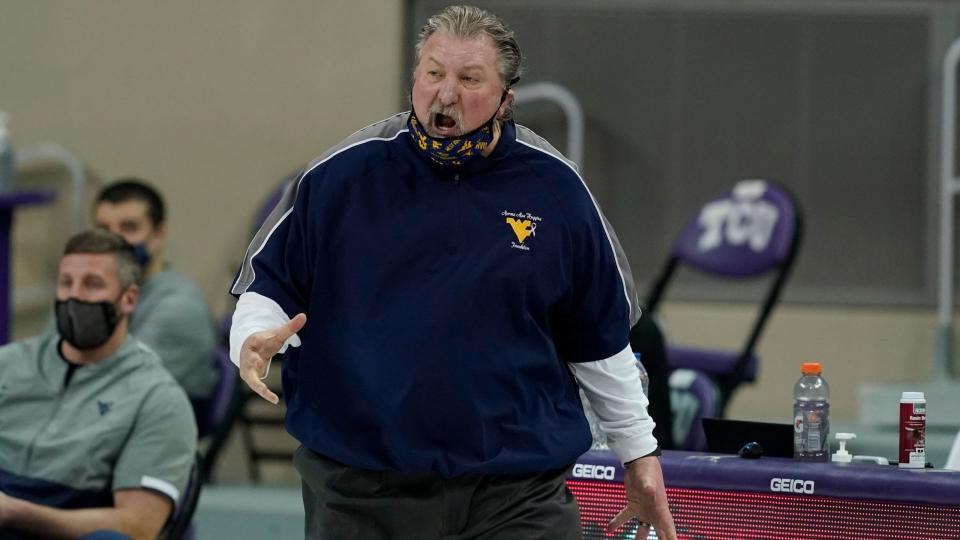 Mandatory Credit: Photo by Tony Gutierrez/AP/Shutterstock (11781556k)West Virginia head coach Bob Huggins shouts at an official during an NCAA college basketball game against TCU in Fort Worth, TexasWest Virginia TCU Basketball, Fort Worth, United States - 23 Feb 2021.