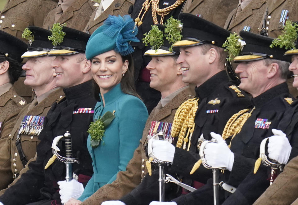The Prince and Princess of Wales sit for a group photo during their visit to the 1st Battalion Irish Guards for the St Patrick's Day Parade, at Mons Barracks in Aldershot. Picture date: Friday March 17, 2023. (Photo by Andrew Matthews/PA Images via Getty Images)