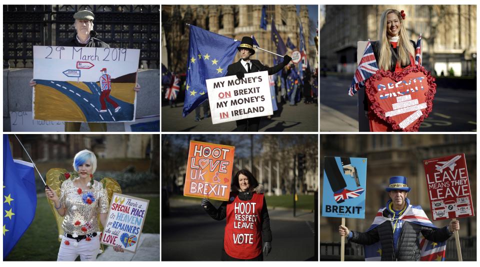 A six-photo combo of Brexit images of three Leave the European Union supporters, and three Remain in the European Union supporters, posing for photographs taken outside Britain's Houses of Parliament in London, taken on two dates, Feb. 12 and Feb.14, 2019. Few issues in recent years have generated the passion in Britain that the Brexit split with Europe has, and the colorful debate has spilled over from Parliament and into the grounds outside, gathering each day to influence lawmakers, call attention to their cause, and bring new supporters into the fold. (AP Photo/Matt Dunham)