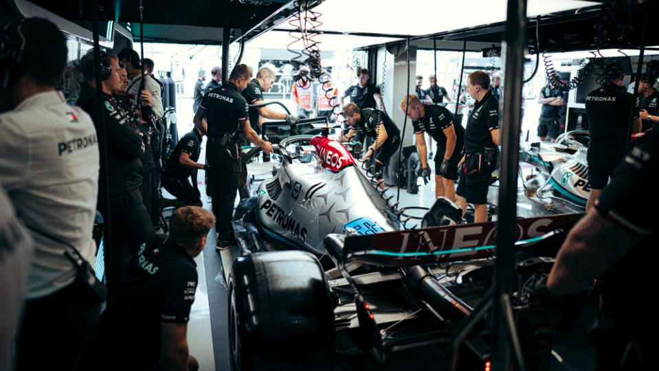 Mercedes-AMG Petronas team members work on the cars during the weekend of the 2022 Dutch Grand Prix.