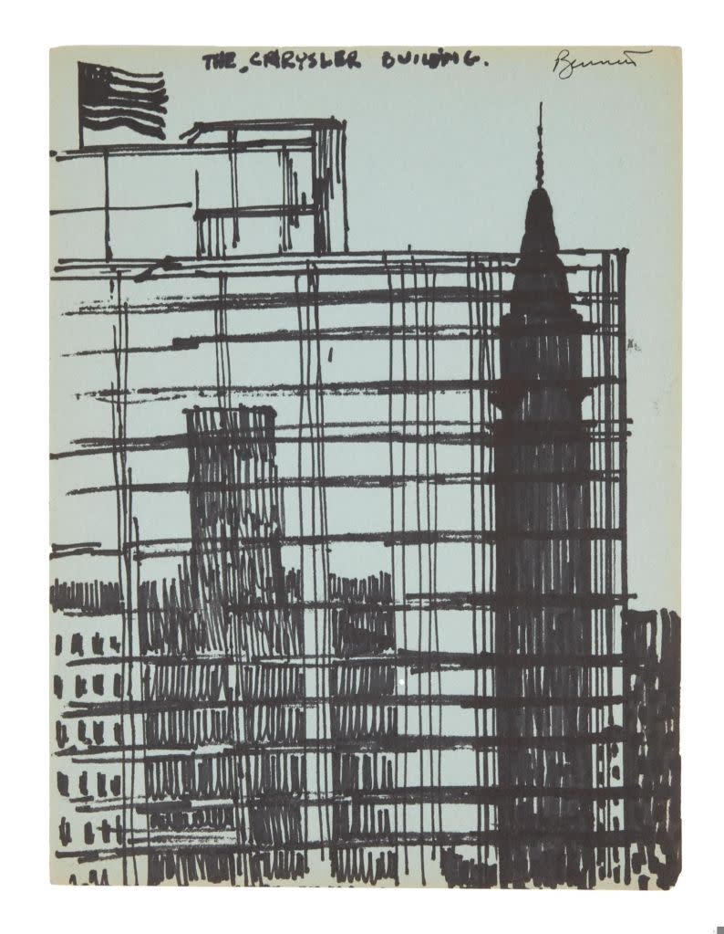 The “Rags to Riches” singer also sketched the stunning Art Deco-style Chrysler Building<br> on blue paper. The dramatic drawing features an American flag.