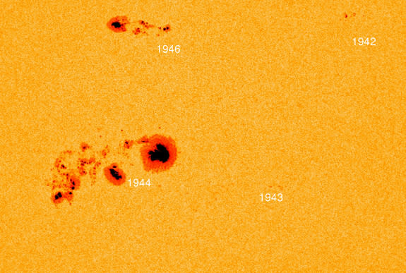 This labeled image taken by SDO's Helioseismic and Magnetic Imager shows the location of two active regions on the sun, labeled AR1944 and AR1943, which straddle a giant sunspot complex. A Jan. 7, 2014, X1.2-class flare emanated from an area cl