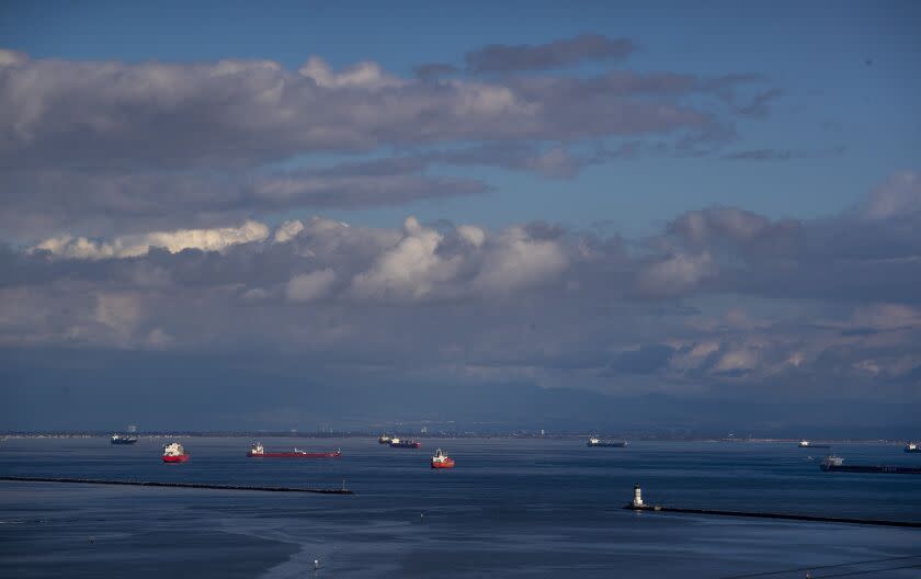 Los Angeles, CA - December 12, 2022: A handful of cargo ships are anchored outside the breakwater of the ports of Los Angeles and Long Beach, far less than the 100 ship backlog of cargo ships at the ports earlier in the year on Monday, Dec. 12, 2022 in Los Angeles, CA. (Brian van der Brug / Los Angeles Times)