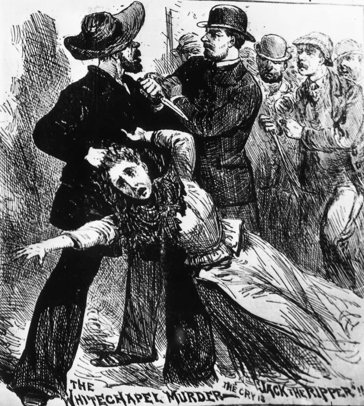 An engraving showing 'Jack The Ripper', the east end Murderer in the nineteenth century, being caught red-handed by police (Getty Images)