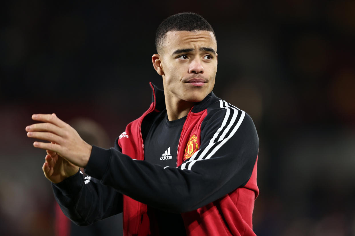 BRENTFORD, ENGLAND - JANUARY 19:  Mason Greenwood of Manchester United  during the Premier League match between Brentford and Manchester United at Brentford Community Stadium on January 19, 2022 in Brentford, England. (Photo by Marc Atkins/Getty Images)