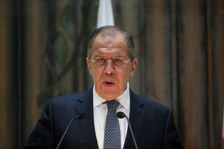 Russian Foreign Minister Sergei Lavrov speaks during a news conference at the Ministry of Foreign Affairs in Nicosia, Cyprus May 18, 2017. REUTERS/Yiannis Kourtoglou