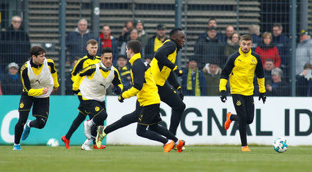 Soccer Football - Usain Bolt participates in a training session with Borussia Dortmund - Strobelallee Training Centre, Dortmund, Germany - March 23, 2018 Usain Bolt during Borussia Dortmund training REUTERS/Thilo Schmuelgen