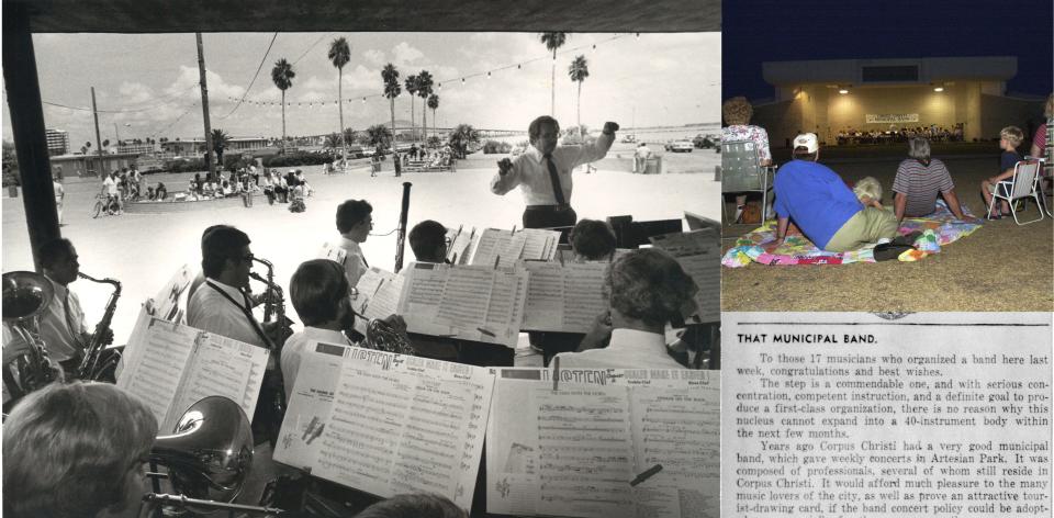 LEFT: The Corpus Christi Municipal Band entertains a lunchtime crowd from the bandshell at the Peoples Street T-head on Aug. 18, 1981. TOP RIGHT: The Corpus Christi Municipal Band performs at the Cole Park Amphitheater on July 23, 2000. BOTTOM RIGHT: An article on the resurrection of a municipal band in the March 17, 1938, edition of the Corpus Christi Times.