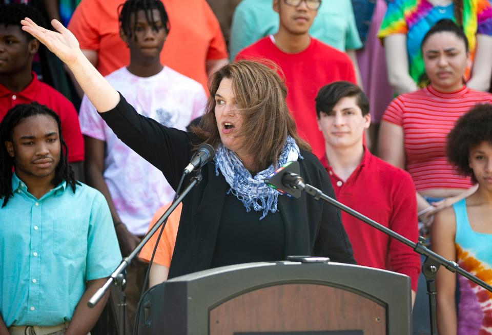 President and CEO of Health Imperatives Julia Kehoe speaks at Brockton City Hall on Wednesday, June 2, 2021 during Pride Month.