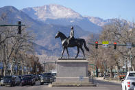 A statue of William Jackson Palmer, Civil War general, railroad tycoon and founder of Colorado Springs, Colo., stands in the intersection of Nevada and Platte avenues in downtown Colorado Springs, Colo., Tuesday, Nov. 22, 2022. With a growing and diversifying population, the city nestled at the foothills of the Rockies is a patchwork of disparate social and cultural fabrics. But last weekend’s shooting has raised uneasy questions about the lasting legacy of cultural conflicts that caught fire decades ago and gave Colorado Springs a reputation as a cauldron of religion-infused conservatism, where LGBTQ people didn't fit in with the most vocal community leaders' idea of family values (AP Photo/David Zalubowski)