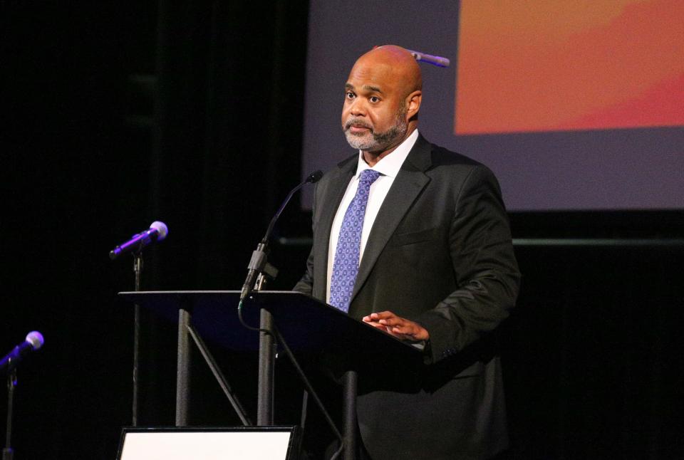 Cornelius Bynum, associate professor and director of African American Studies at Purdue University and this year’s keynote speaker speaks at the Tippecanoe County Public Library's 2024 Martin Luther King Jr. community celebration at the Long Center for the Performing Arts, on Monday, Jan. 15, 2024, in Lafayette, Ind.