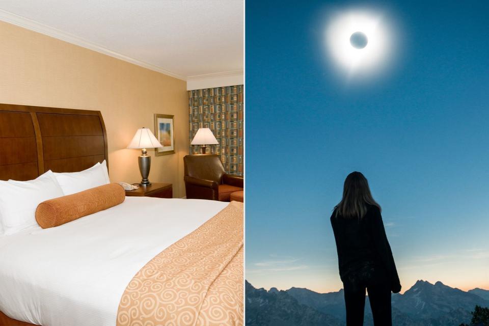 <p>Getty</p> A hotel room (left) and an eclipse viewer