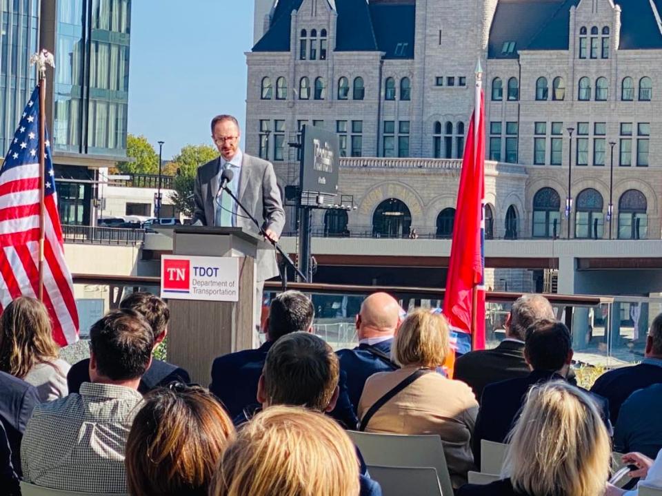 Nashville Mayor Freddie O'Connell speaks at a ribbon cutting to celebrate the reopening of Broadway Bridge in downtown Nashville on October 18, 2023.