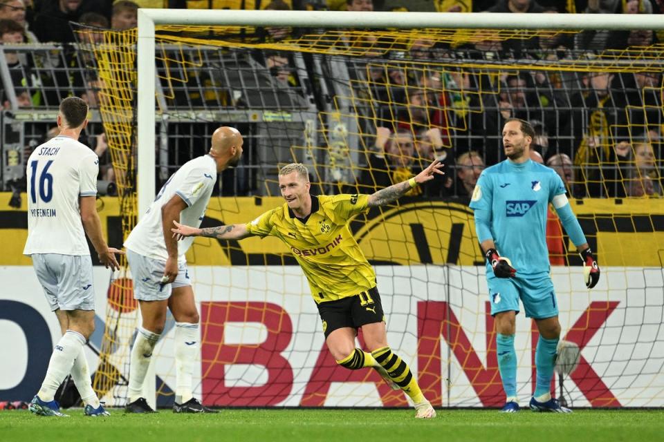 Dortmund’s Marco Reus celebrates scoring past Hoffenheim (AFP/Getty)