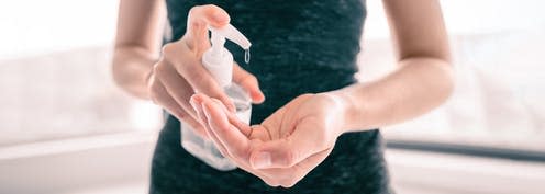 <span class="caption">Hand sanitisers are everywhere.</span> <span class="attribution"><a class="link " href="https://www.shutterstock.com/image-photo/covid19-hand-sanitizer-rubbing-hands-woman-1694964139" rel="nofollow noopener" target="_blank" data-ylk="slk:Mariday/Shutterstock;elm:context_link;itc:0;sec:content-canvas">Mariday/Shutterstock</a></span>