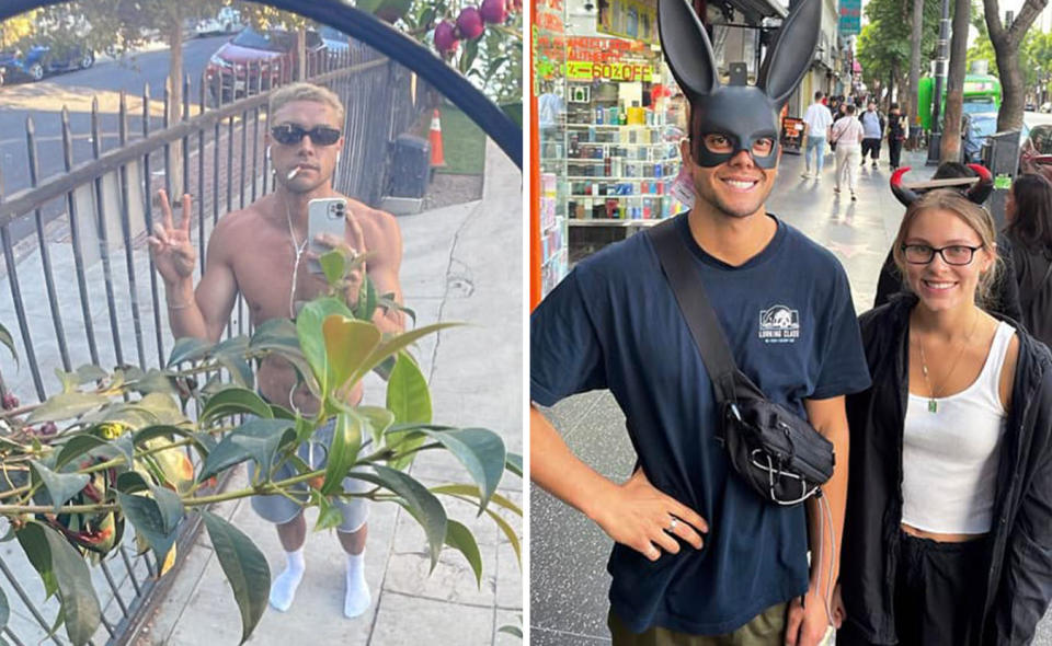 L: Home and Away star Kawakawa Fox-Reo doing a peace sign with blonde hair. R: Kawakawa Fox-Reo wears a bunny mask with a friend