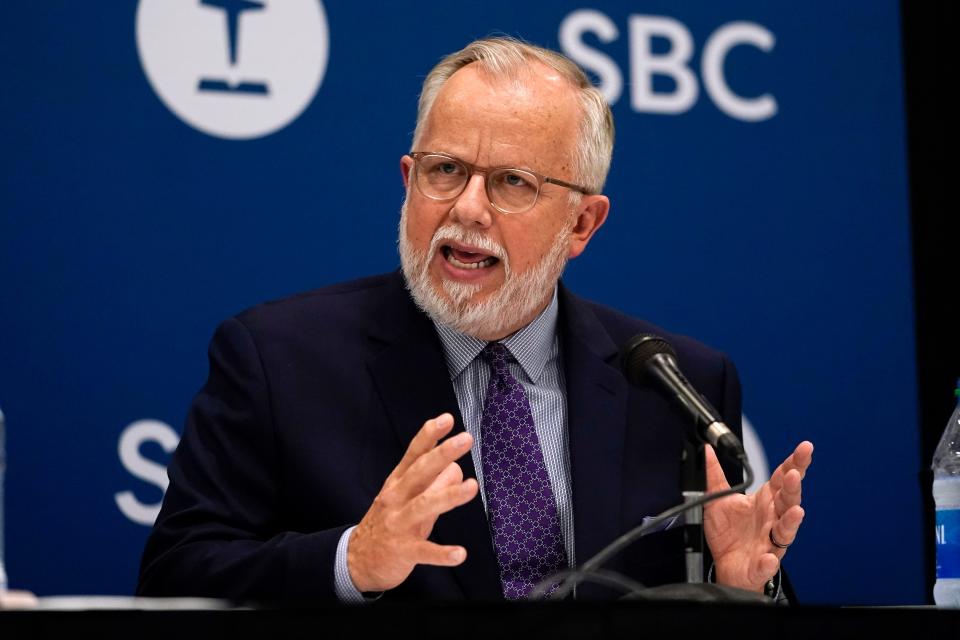 Pastor Ed Litton, of Saraland, Ala., answers questions after being elected president of the Southern Baptist Convention Tuesday, June 15, 2021, in Nashville, Tenn. (AP Photo/Mark Humphrey)