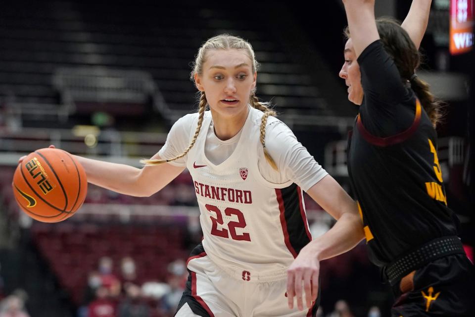 Stanford forward Cameron Brink (22) drives to the basket against Arizona State forward Jayde Van Hyfte during the first half of an NCAA college basketball game in Stanford, Calif., Friday, Jan. 28, 2022. (AP Photo/Jeff Chiu)