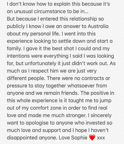 Sophie's full statement made on Instagram. Source: Instagram / @sophiemonk