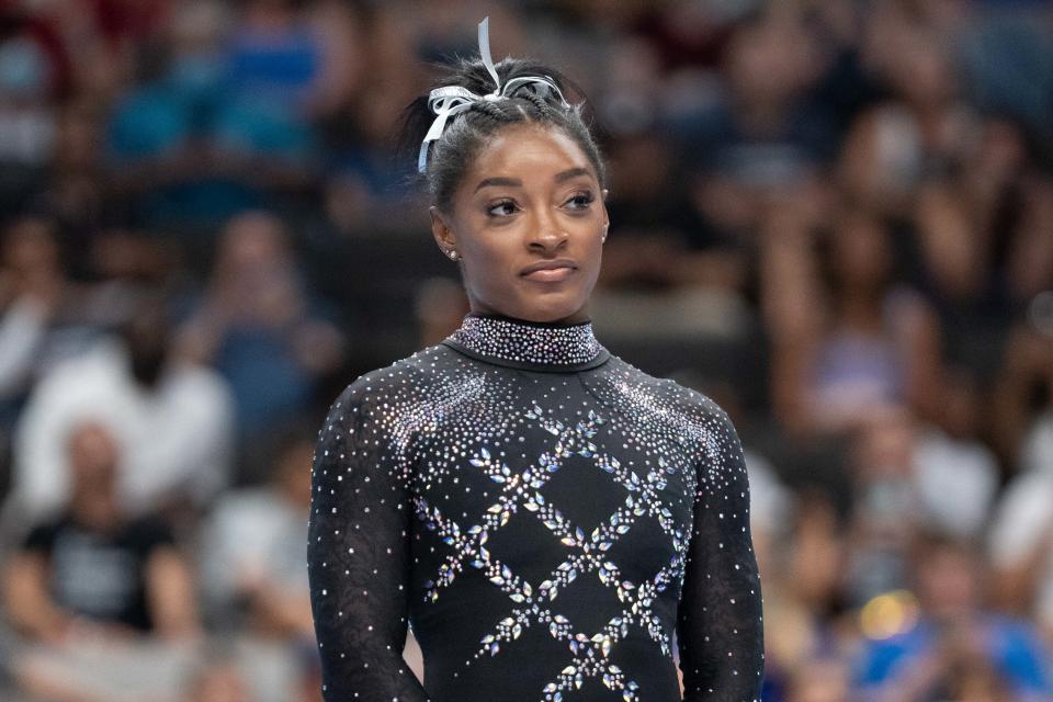 All Around first place medalist Simone Biles during the 2023 U.S. Gymnastics Championships at SAP Center.