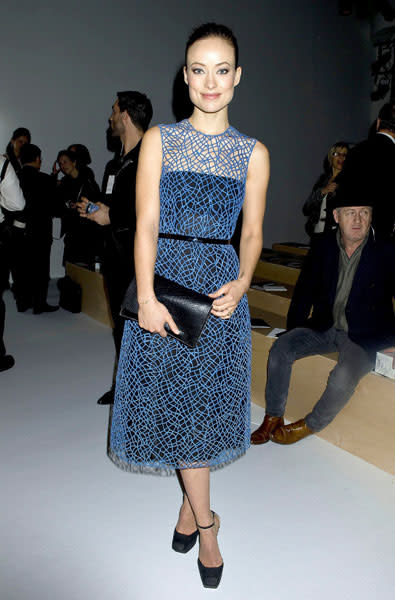 <b>Olivia Wilde </b><br><br>The star donned a blue midi dress for the Calvin Klein show.<br><br>Image © Rex