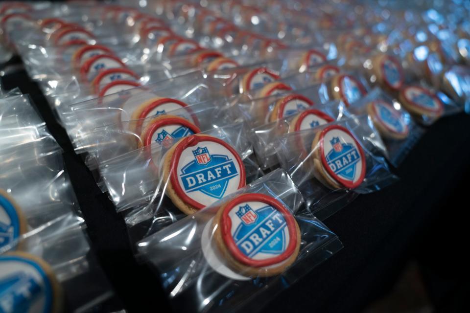 Detroit local bakery Good Cakes and Bakes made 500 cookies for an event sponsored by the Detroit Sports Commission and Visit Detroit during a news conference at Ford Field on Monday, Nov. 27.