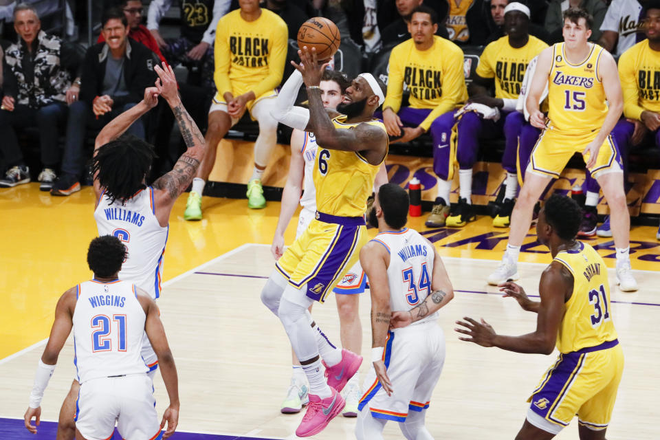 Los Angeles Lakers forward LeBron James attempts a shot against the Oklahoma City Thunder at Crypto.com Arena on Feb. 7, 2023 in Los Angeles.  / Credit: Robert Gauthier / Los Angeles Times via Getty Images
