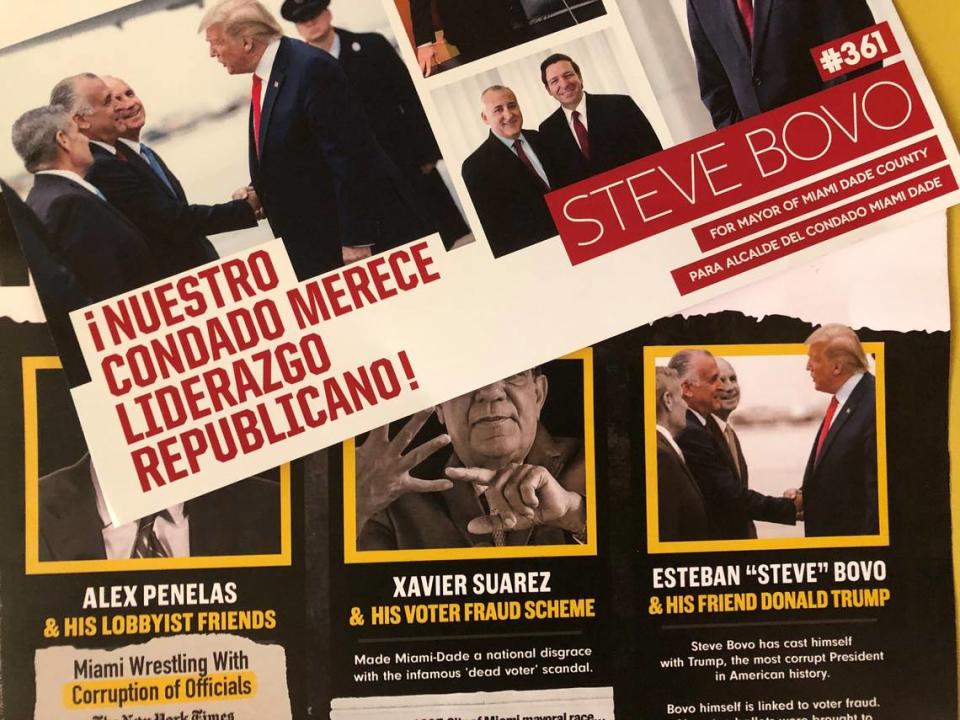 Two mailers in the Miami-Dade mayoral race feature the same photograph of President Donald Trump greeting Commissioner Esteban “Steve” Bovo Jr. at Miami International Airport early 2020. Bovo, a Republican, used it to rally his supporters and his opponent, Democrat Daniella Levine Cava, used it to persuade recipients not to vote for Bovo.