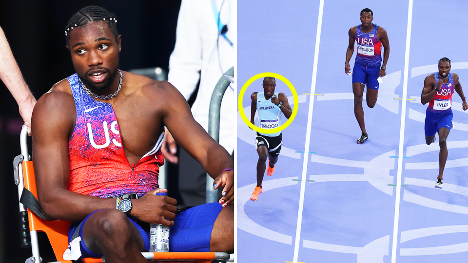 Noah Lyles (pictured) has left the track in a wheelchair after falling ill before the race having missed out on completing the 100m and 200m double at the Olympics. (Getty Images)