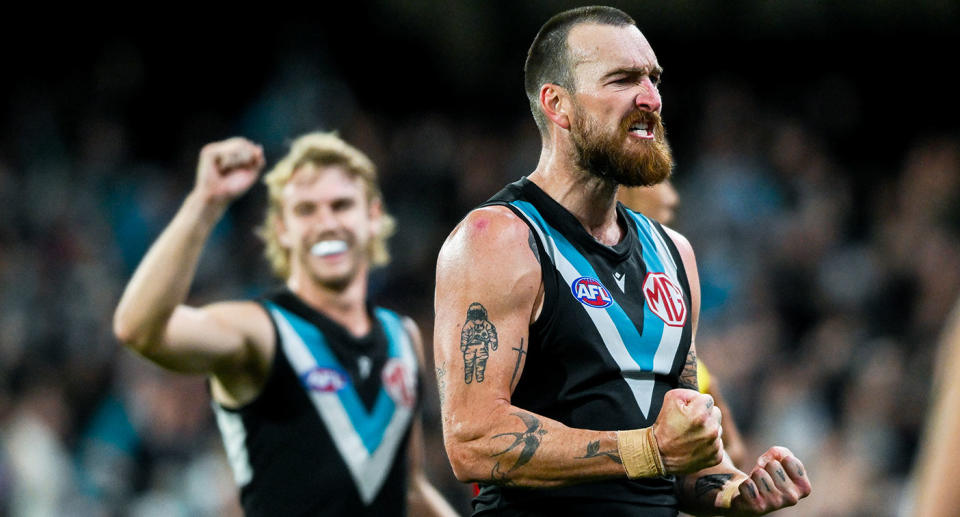 Seen here, Charlie Dixon celebrating a goal for Port Adelaide against Fremantle. 