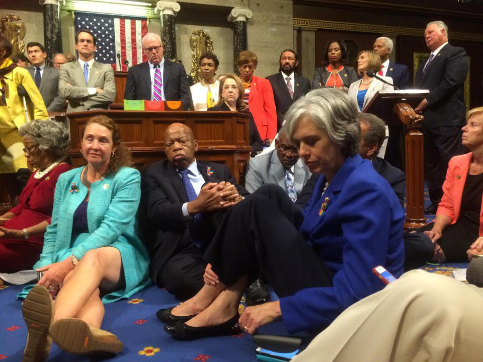 A photo shot and tweeted from the floor of the U.S. House of Representatives by U.S. House Rep. Katherine Clark shows Democratic members of the House staging a sit-in on the House floor "to demand action on common sense gun legislation" on Capitol Hill in Washington&nbsp;on&nbsp;June 22, 2016.