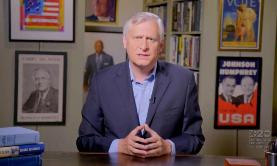 Meacham speaks by video feed during at the 2020 Democratic national convention.