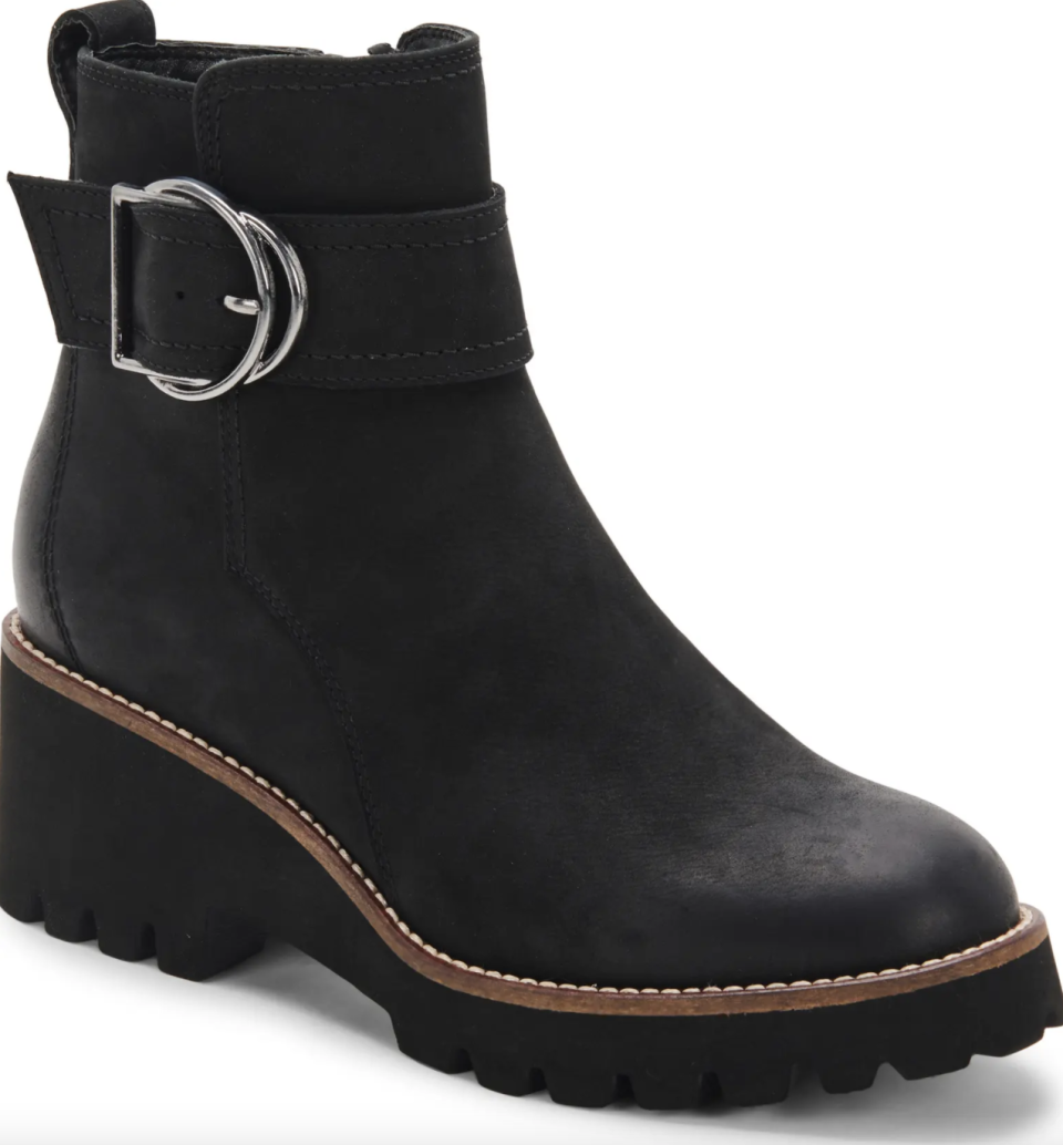 Dagger Waterproof Boot in black suede with silver buckle and lugged sole (Photo via Nordstrom)