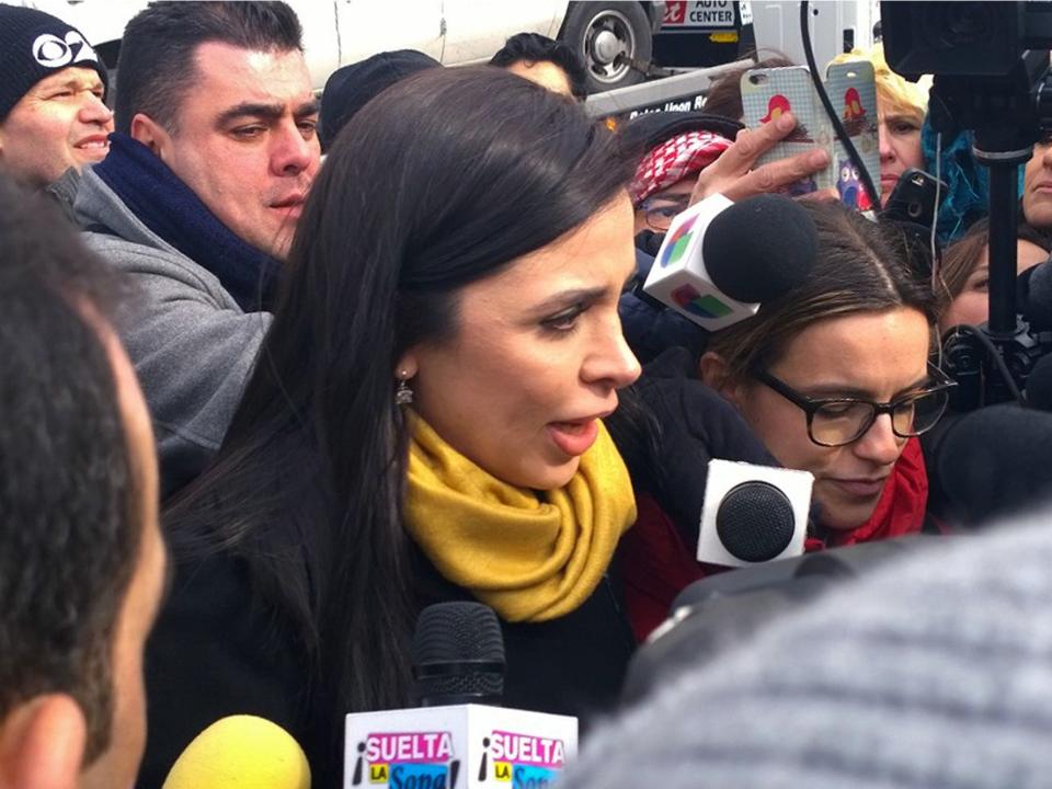 Emma Coronel Aispuro, wife of Joaquin "El Chapo" Guzman, talks with reporters as she leaves Brooklyn federal court in 2017. AP Photo:Elizabeth Williams