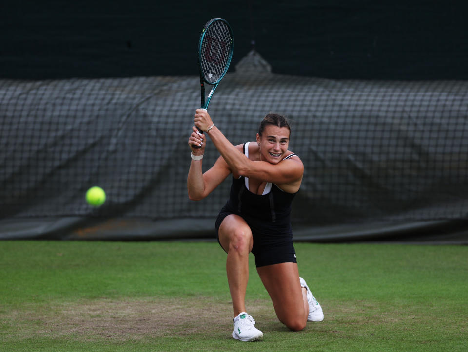 Tennis - Wimbledon Preview - All England Lawn Tennis and Croquet Club, London, Britain - June 27, 2024 Belarus' Aryna Sabalenka during a practice session REUTERS/Paul Childs