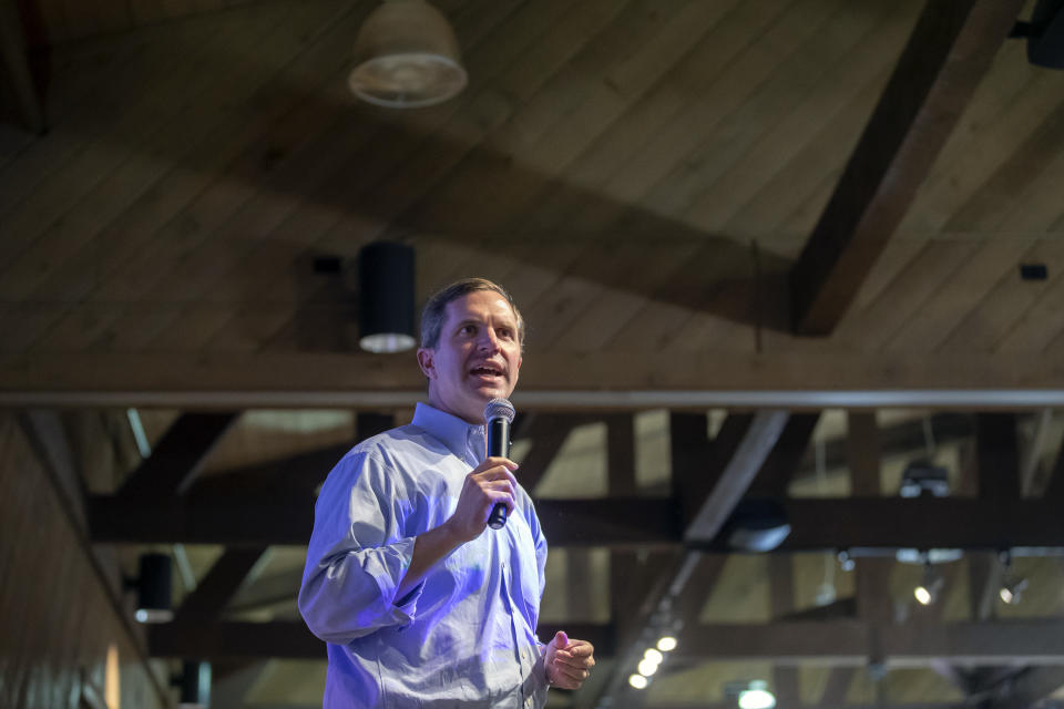 Kentucky Gov. Andy Beshear speaks during the Mike Miller Memorial Marshall County Bean Dinner at the Kentucky Dam Village State Resort Park Convention Center in Gilbertsville, Ky., on Friday, Aug. 4, 2023. (Ryan C. Hermens/Lexington Herald-Leader via AP)