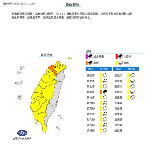 氣象局發布豪、大雨特報。（圖／翻攝自中央氣象局）