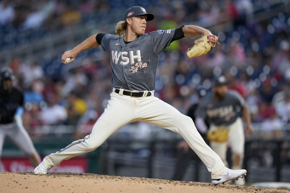 Washington Nationals relief pitcher Jordan Weems throws during the fifth inning of the team's baseball game against the Miami Marlins at Nationals Park, Friday, June 16, 2023, in Washington. (AP Photo/Alex Brandon)