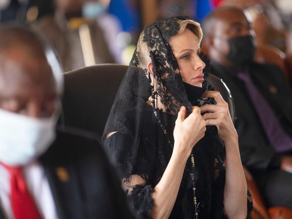Princess of Monaco (C) reacts during the memorial service of King Goodwill Zwelithini at the KwaKhethomthandayo royal palace in Nongoma, South Africa, on March 18, 2021.