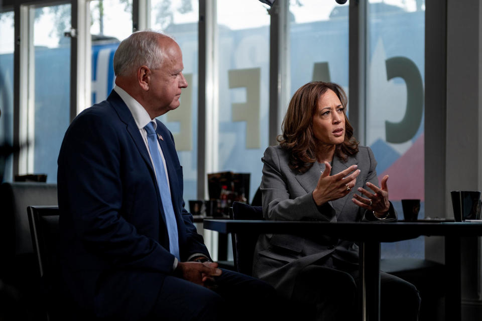 Tim Walz and Kamala Harris in an interview with CNN's Dana Bash on Thursday. (Will Lanzoni / Courtesy CNN)