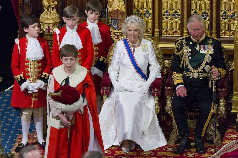 the then prince charles and camilla, duchess of cornwall, sat on thrones during the opening of parliament in 2016