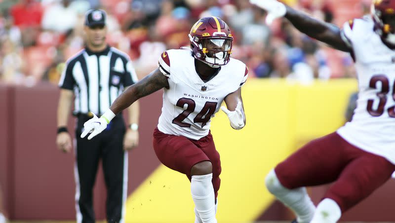 Washington Commanders safety Terrell Burgess (24) runs during an NFL preseason football game against the Cincinnati Bengals, Saturday, Aug. 26, 2023 in Landover.