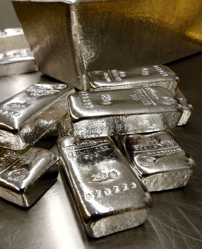 FILE PHOTO: Silver bars are stacked in safe deposit boxes room of the ProAurum gold house in Munich