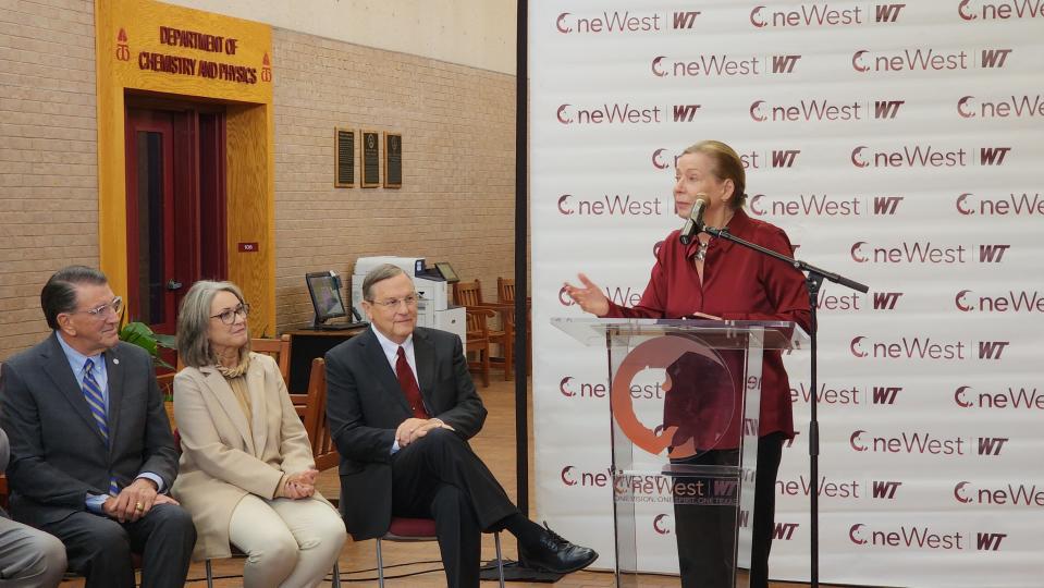 Natrelle Long speaks about her commitment to the university, announcing a $2.1 million gift to the new animal companion program at West Texas A&M University on Thursday at a press briefing in Canyon.